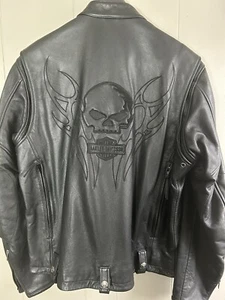 Harley Davidson Black Leather Jacket Mens L Motorcycle Biker Embroidered Skull - Picture 1 of 14