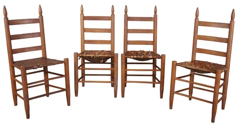 4 Antique Early American Shaker Pine Ladderback Rush Side Dining Chairs 39" Cover