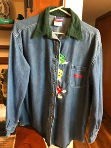 M&M's Brand Blue Denim Shirt Green Corduroy Collar Embroidery Characters Size M - Picture 1 of 4