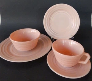 Set Hazel Atlas Moderntone Pastel PINK Dinner Salad Plate Cup Saucer Cereal Bowl - Picture 1 of 3