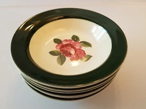 Taylor Smith Taylor Sauce Dessert Bowls Green Trim Pink Rose Set 6 c1950 - Picture 1 of 5