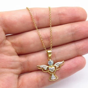925 Sterling Silver Gold Plated Real Diamond Blue Topaz Angel Chain Necklace 18” - Picture 1 of 6