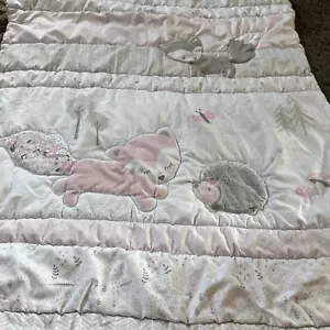 Baby Blanket Comforter Girl Sleepy Woodland Animals Fox Raccoon Pink Gray - Picture 1 of 16