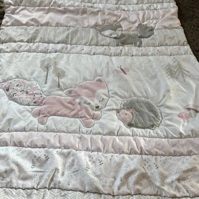 Baby Blanket Comforter Girl Sleepy Woodland Animals Fox Raccoon Pink Gray - Image 1 of 4