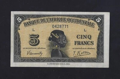 French West Africa 5 Francs 1942 P-28 XF+++++ - Image 1 of 2