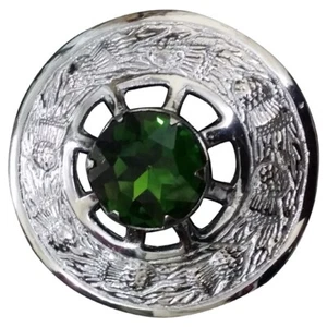 Scottish Kilt Plaid Brooch Men Green Stone Chrome 3" Ladies Sash Shawl Brooches - Picture 1 of 3