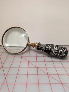 Vintage Brass Magnifying Glass W/ Beautiful Stone Carved Handle - Picture 1 of 3