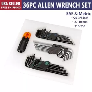 36PC Allen Wrench Set, SAE & Metric Hex Key Set Torx Star Key Set with T-Handle - Picture 1 of 9