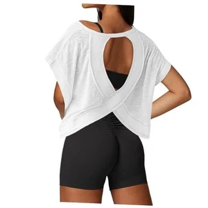 Open Back Workout Tops for Women Loose Fit Athletic Crop Tee Short Small White - Picture 1 of 7