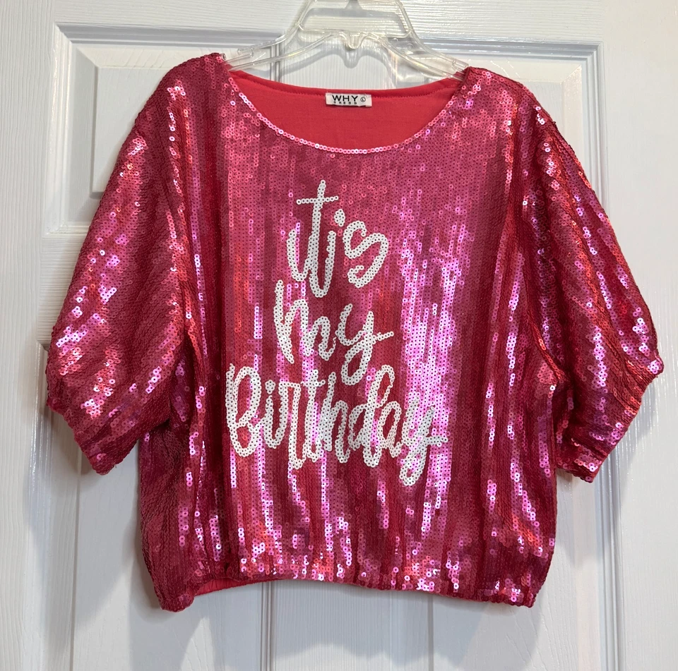 Why Dress Womens Sequined Top Pink It's My Birthday Crop Short Sleeve Size Large - Image 1 of 4