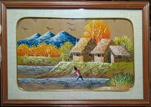 VTG Oil Painting On Leaves On Board Landscape Asian Fishing Hut Landscape OOAK - Picture 1 of 14