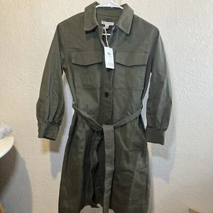 Free Assembly Womans Size XS Denim Sleeve Olive Green Button Shift Dress - Picture 1 of 7