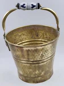 VTG Hammered Brass Bucket Ceramic Handle, Ornate Lions Head 9 3/4” Diameter - Picture 1 of 8
