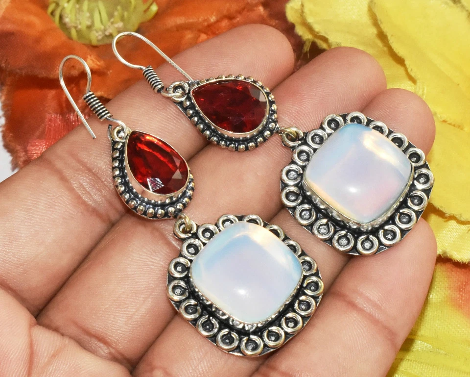 Pendiente colgante de piedras preciosas de opalita y granate enchapado en plata 925 U341-A110 Foto 1 de 1