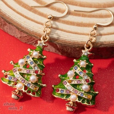 Crystal Christmas Tree Earrings Rhinestone Drop Dangle Earring Gold Tone Jewelry - Image 1 of 3