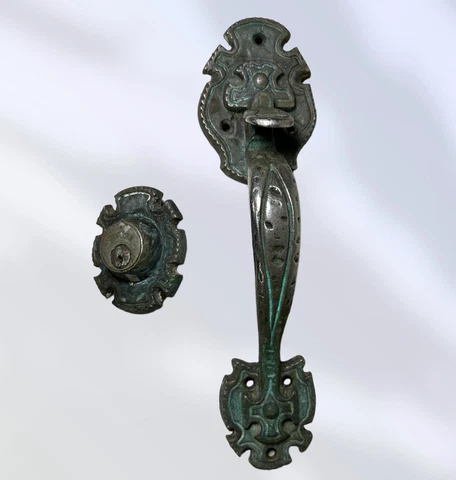Antique Arts & Crafts 12.25” Door Pull Hammered  Nickel Plated Bronze + Lock Cover