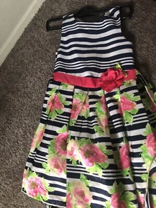 Jona Michelle Girls Dress Fancy Holiday-CD Navy/White Stripes w/ Flowers Sz 7 - Picture 1 of 6
