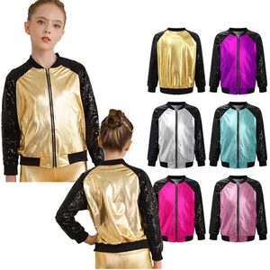 Kids Girls Shiny Sequins Zipper Bomber Jacket Hip hip Zipper Coat Outerwear - Picture 1 of 91