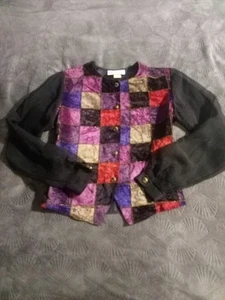 Vintage Samt Velours bunt kariert transparente Ärmel geknöpft Top Damengröße 10 - Bild 1 von 15