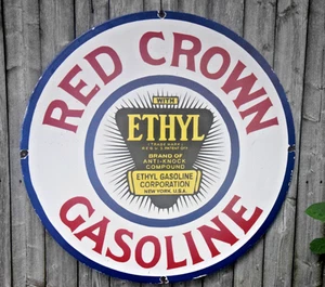 RED CROWN ETHYL GASOLINE PORCELAIN METAL SIGN 30" DIAMETER STANDARD OIL INDIANA - Picture 1 of 24