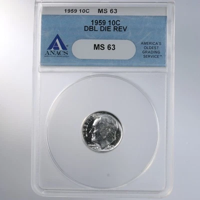 1959 Roosevelt 10C ANACS Certified MS 63 Double Die Reverse Error - Image 1 of 2