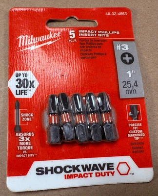 Herramienta Milwaukee 48-32-4663 1 pulgada Broca de inserción de impacto Phillips Nº 3 de onda de choque Foto 1 de 2