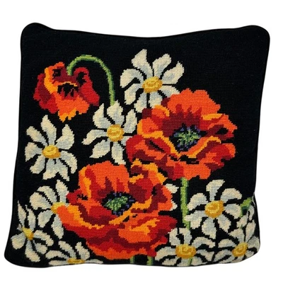 Almohada vintage Bucilla 4667 punta de aguja años 70 margaritas amapolas floral 14" terciopelo Foto 1 de 4