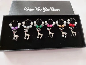 Set Of 6 Reindeer Wine Charms In Presentation Box Christnas Gift Dinner Party - Picture 1 of 2