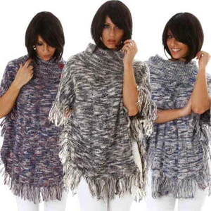 Damen Poncho Pullover warm flauschig weich Fransen Rollkragen Knöpfe 36 38 40 - Bild 1 von 22