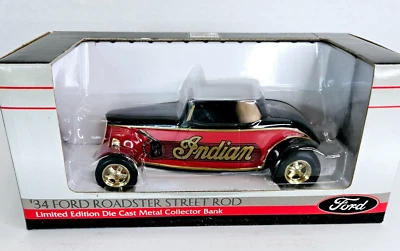 Ford '34 Roadster Street Rod Indian Cycle Die Cast Metal Bank Liberty Classics - Image 1 of 4