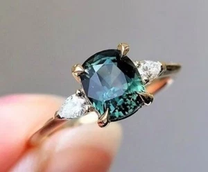 Teal Sapphire Ring Peacock Green Cushion 925  Silver gift For Her - Picture 1 of 3
