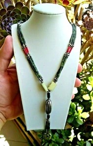 Vintage Halskette Damen Anhänger Perlen Jade Koralle Tibetisch Nepal versilbert - Bild 1 von 6