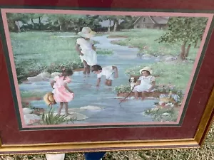Vintage ANN MOUNT Bild gerahmt Kunst schwarz Folk Sommerzeit Fluss 15/18 ❤️m9 - Bild 1 von 8