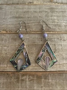 Ladies Vintage Alpaca Mexico Abalone Inlay Dangle Earrings - Picture 1 of 4