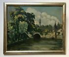 Old painting to restore, Signed Christiane Lecoq, Oil on cardboard, Bridge,...