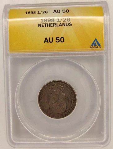Netherlands 1898 1/2 Gulden AU 50 ANACS Rare High Grade Key Date Silver Coin 1B Cover