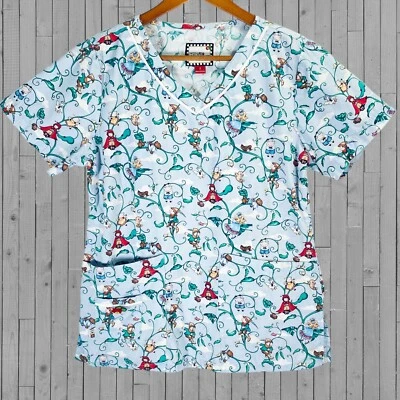 Mary Engelbreit Womens Scrub Top S Blue Fairy Tale Beanstalk Nurse Uniform Peds - Image 1 of 4