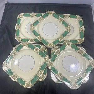 7 Deco MYOTT STAFFORDSHIRE England Square Luncheon Plates 8.25” Green Gold White - Picture 1 of 24