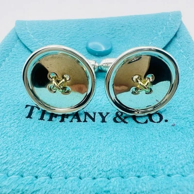Gemelli Tiffany & Co. motivo bottone argento sterling 925 18 carati 750 con... - Immagine 1 di 4