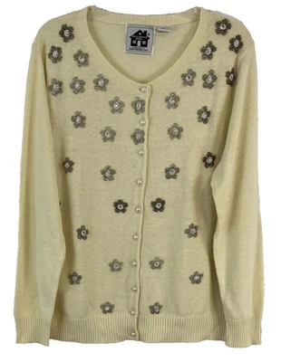 Storybook Knits Beaded Cardigan Sweater Sz L Ivory Button Front Womens CB69H - Image 1 of 4