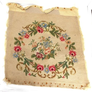 Antique Wool Needlepoint Roses Tapestry Chair Cover 17x18 Handmade Folk **READ - Picture 1 of 18
