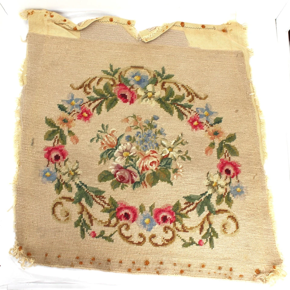 Antique Wool Needlepoint Roses Tapestry Chair Cover 17x18 Handmade Folk **READ - Image 1 of 4