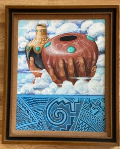 NEIL DAVID SR HOPI PAINTING HOPI SYMBOLS/POTTERY FRAMED 23.5" X 19.5" 1975 - Picture 1 of 6