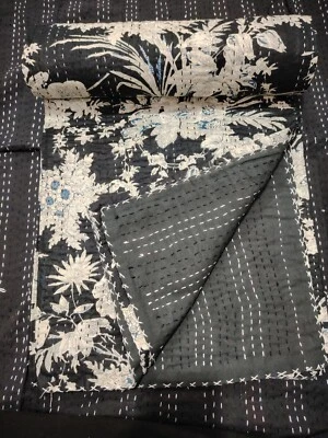 Colcha floral negra colcha kantha de algodón indio hecha a mano manta tamaño king At Foto 1 de 4