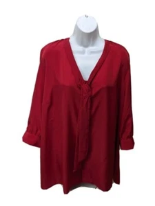 NWT Avenue Womens 4X Long Sleeve Blouse Red Button Tie Neck 30 32 - Picture 1 of 11