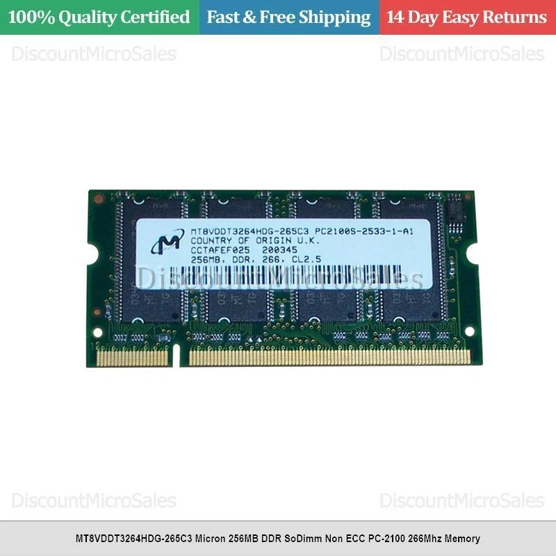 MT8VDDT3264HDG-265C3 Micron 256MB DDR SoDimm Non ECC PC-2100 266Mhz Memory - Image 1 of 1
