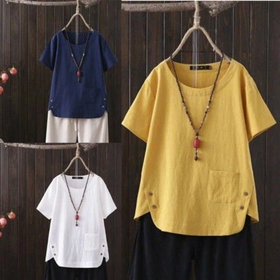 Summer T Shirt Loose Womens Blouse Ladies  Tops Short Sleeve Pocket Cotton Linen - Image 1 of 4
