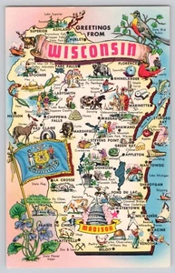 Postcard Greetings From Wisconsin State Map Flag Bird Flower Unposted JF1.26 - Picture 1 of 2