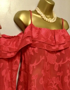 New Lipsy Size 14 Pink Frill Cold Shoulder Floral Embossed Semi Sheer Top Blouse - Picture 1 of 8
