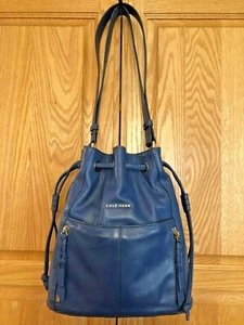 Womens COLE HAAN Blue Leather Drawstring Shoulder Bag / Hobo Bag - Fast Ship! - Picture 1 of 12